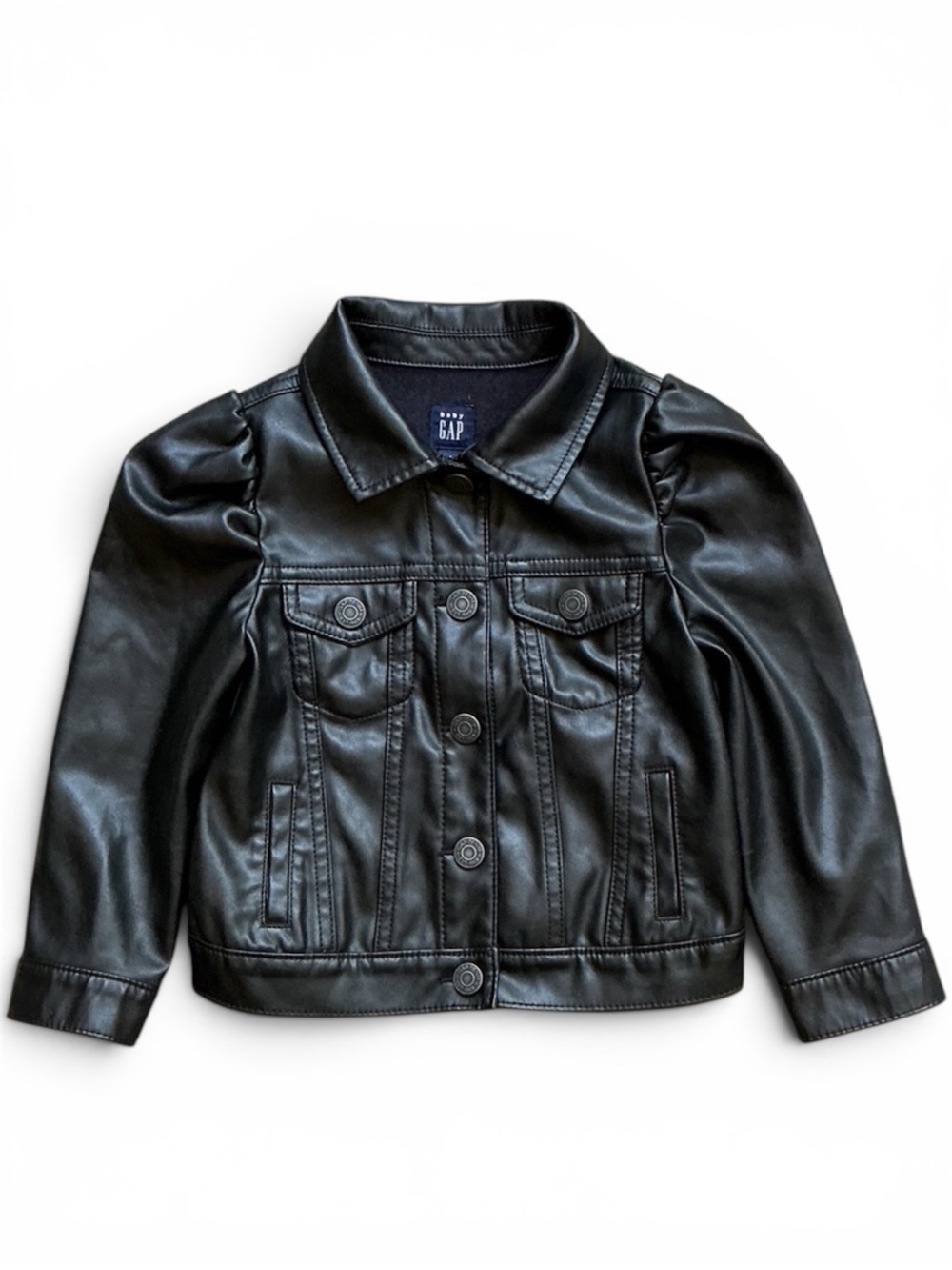 🖤GAP Sz 4 Kids Black Faux Leather Puff-Sleeve Jacket